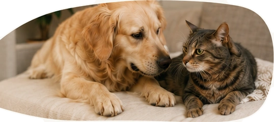 Cão e gato dividindo o mesmo espaço enquanto observam um ao outro com atenção.